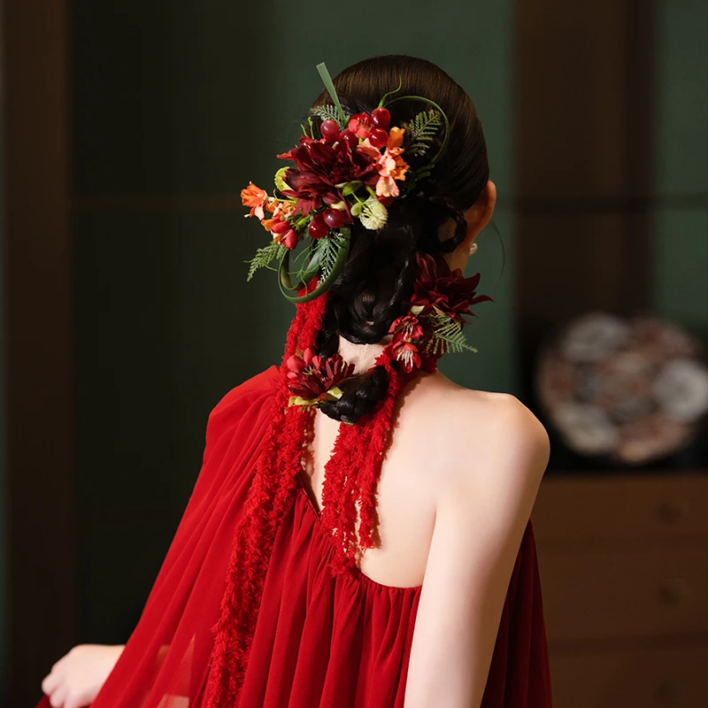 非金属布艺婚庆饰品 新娘订婚新中式红色仿真花独特配饰品MC3045