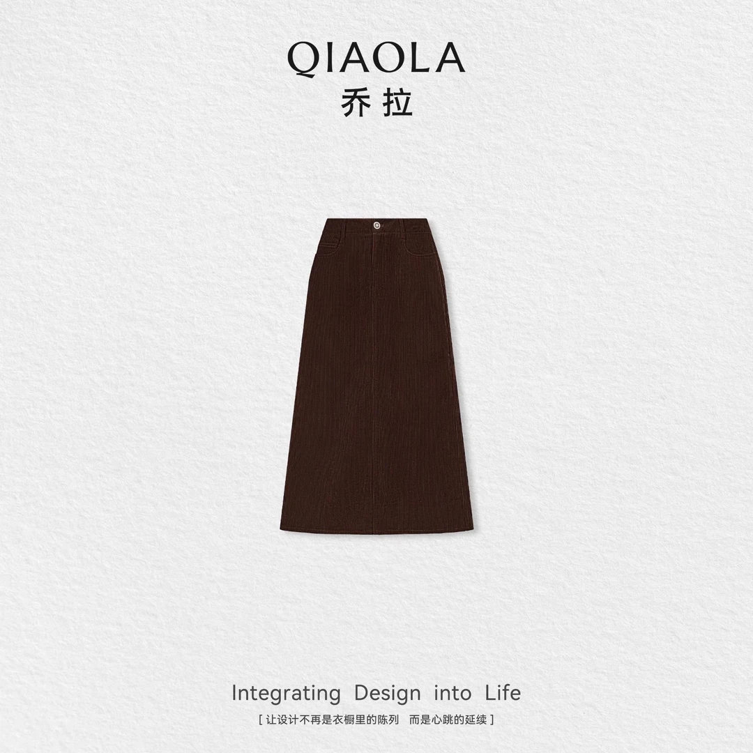 QIAOLA/乔拉【甜蜜蔓越莓】秋冬灯芯绒时尚直筒长裙