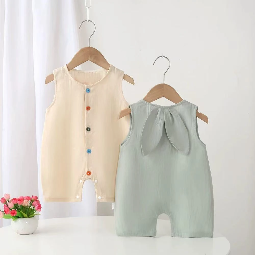 m【优选】婴幼儿夏季薄料哈衣男女宝简约纯色兔耳朵连体新生儿ly