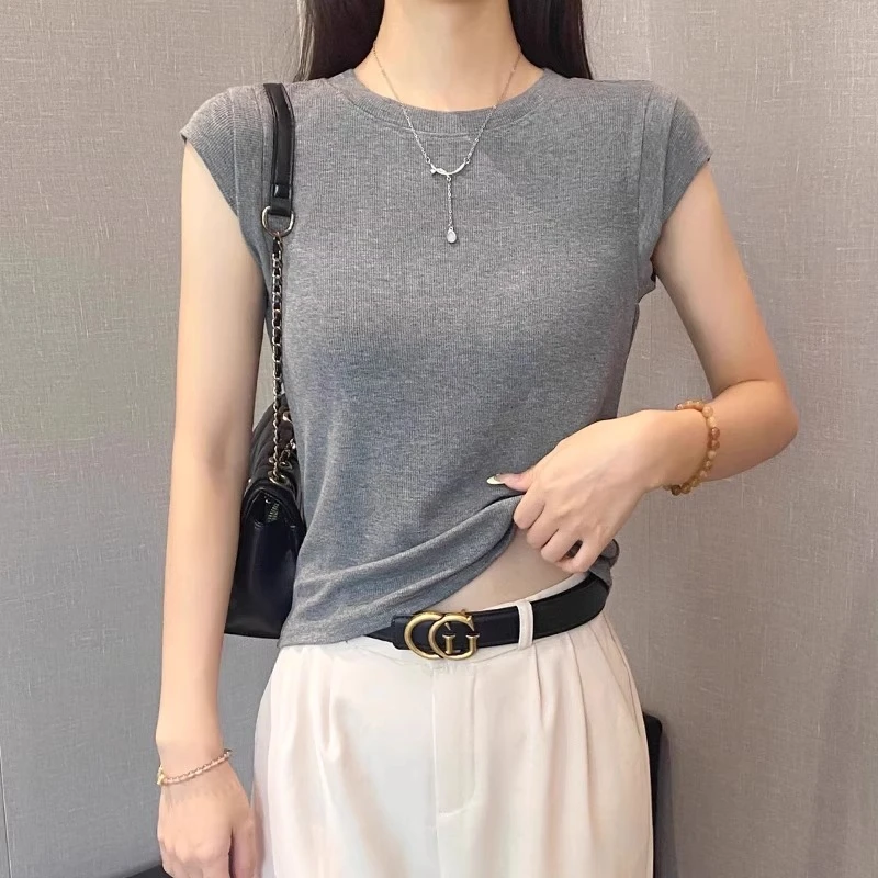 纯色螺纹冰丝圆领短袖t恤女夏季修身打底衫百搭显瘦飞飞袖上衣潮