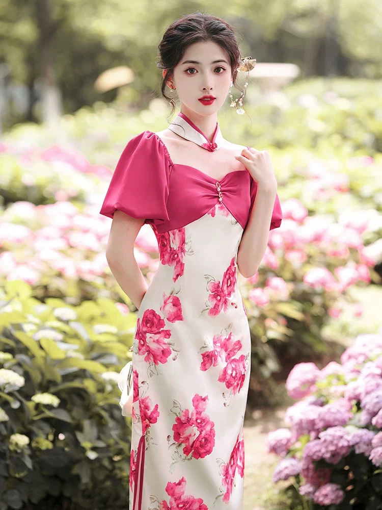印花连衣裙夏季高级感茶歇裙挂脖泡泡袖中式改良旗袍长裙A124