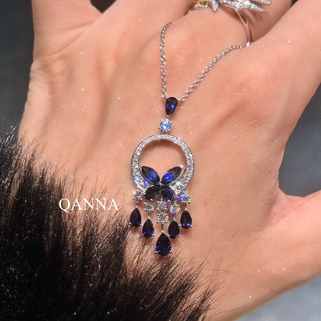 QANNA【豪华蓝色蝴蝶】【设计款】重金大钻奢华时尚晚宴钻石项链AY