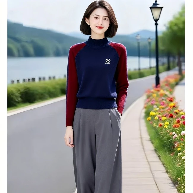 半高领短款毛衣女时尚洋气时髦2025秋冬百搭拼色套头针织打底