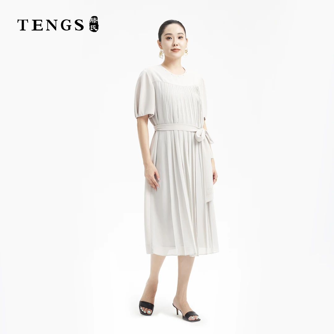 TENGS滕氏女装春夏新款轻盈自然透气百褶连衣裙