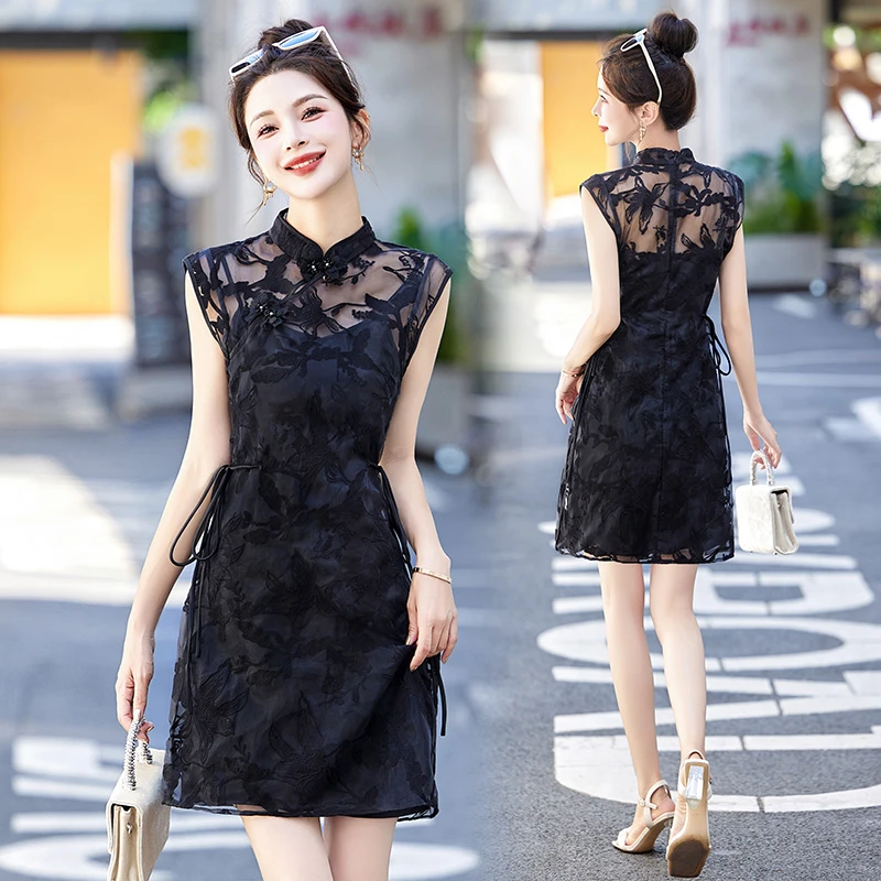 高端棉线手工刺绣小个子时尚潮流改良新中式旗袍两件套连衣裙