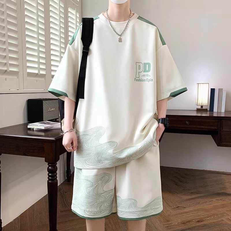 休闲短裤套装男夏季直筒五分运动裤青少年外穿薄款沙滩裤子两件套