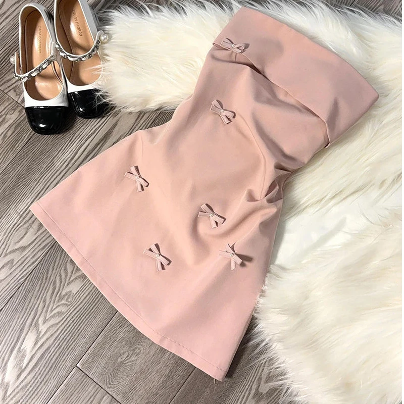 夏天的小橱窗~粉色立体蝴蝶结抹胸连衣裙女纯欲风辣妹收腰短裙