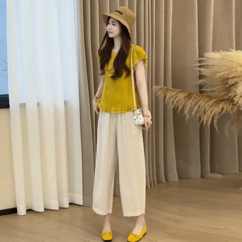 ins风甜美洋气多巴胺穿搭套装减龄花苞袖上衣休闲裤女夏季新款潮