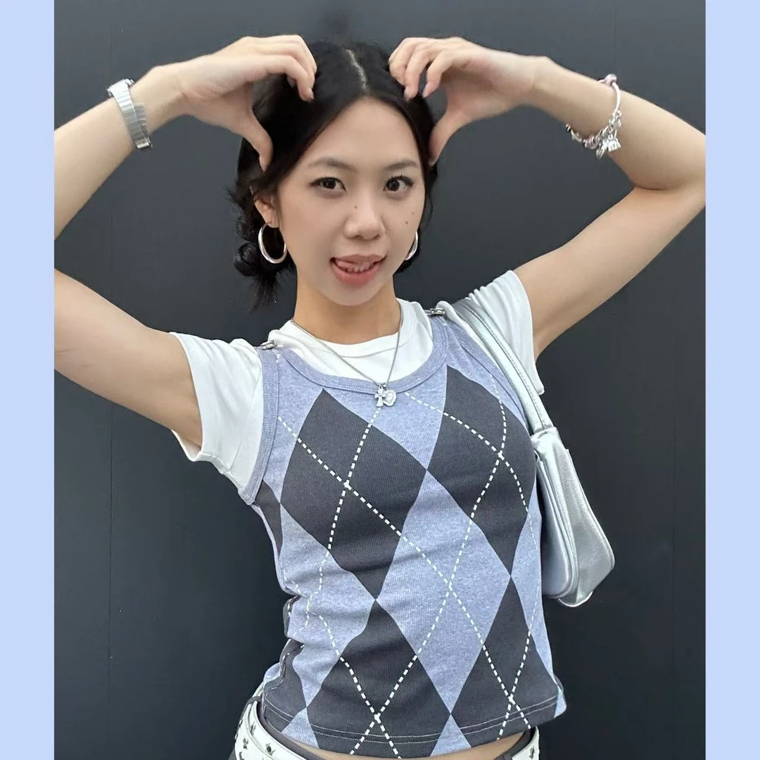 “格格”|虎皮卷美式设计棉质假两件撞色格纹短袖上衣#S25514