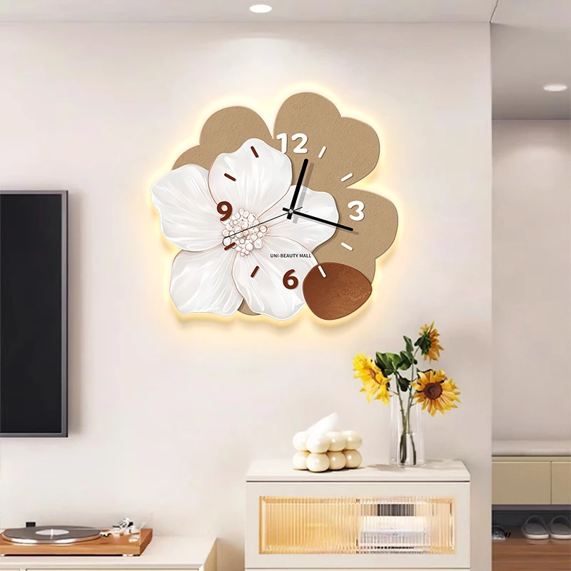 2025新款简约花朵挂钟客厅装饰画时钟挂墙式高级感创意挂表钟表