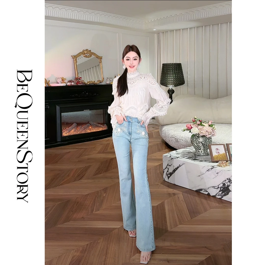 余潇潇【自由花径】100棉重工刺绣烫钻微喇牛仔裤百搭精致2025新款