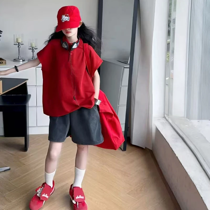 女童套装时髦运动POLO衫短袖T恤宽松五分裤牛仔裤两件套2025夏新