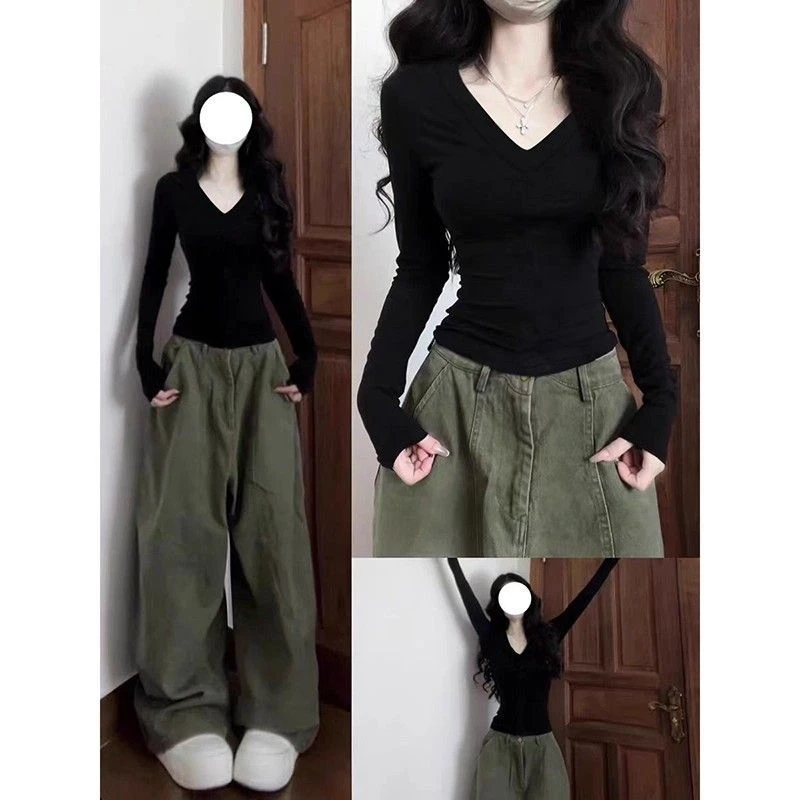 纯欲风v领长袖t恤女春季内搭正肩辣妹收腰修身显瘦黑色打底衫上衣