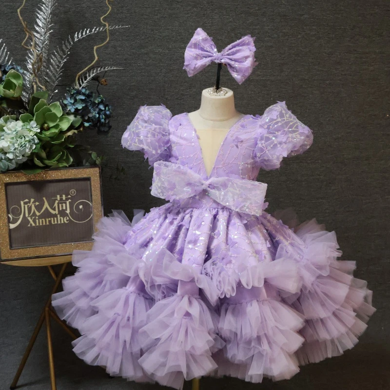 欣入荷紫色生日聚会主持表演钢琴六一合唱短款蓬蓬裙礼服公主风