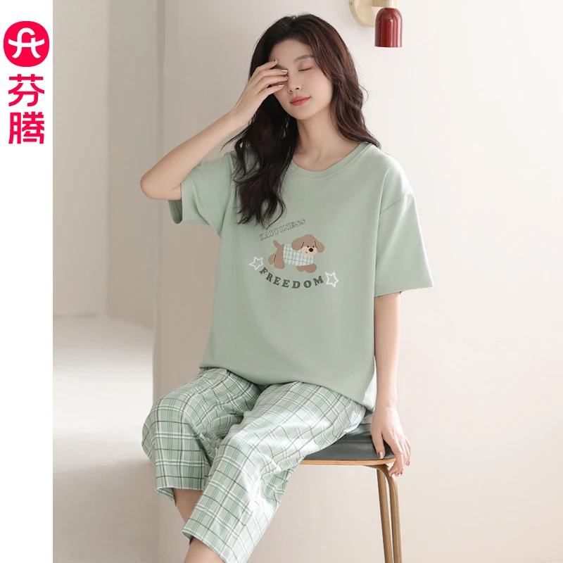 芬腾卡通睡衣女款夏季纯棉短袖七分裤薄款2025新款可爱家居服套装