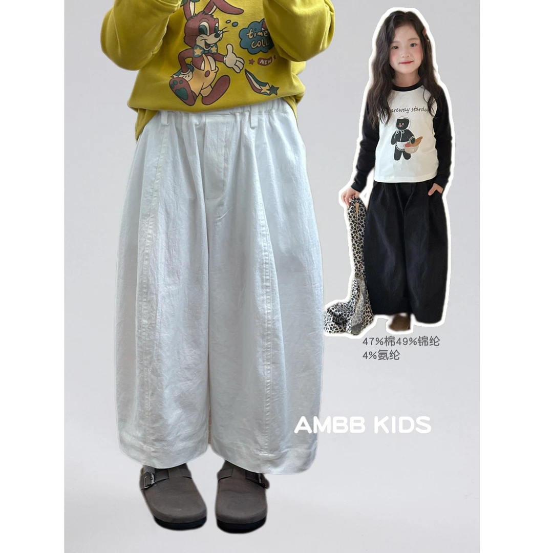 锦棉【小梨涡】秋季女童气球裤儿童宽松纯色阔腿长裤拼接休闲裤F064