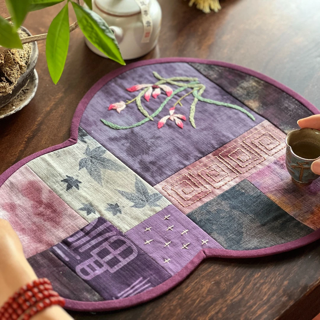 指间非遗鲁绣茶席材料包diy手工刺绣棉布老粗布晕染尺寸约32*40cm