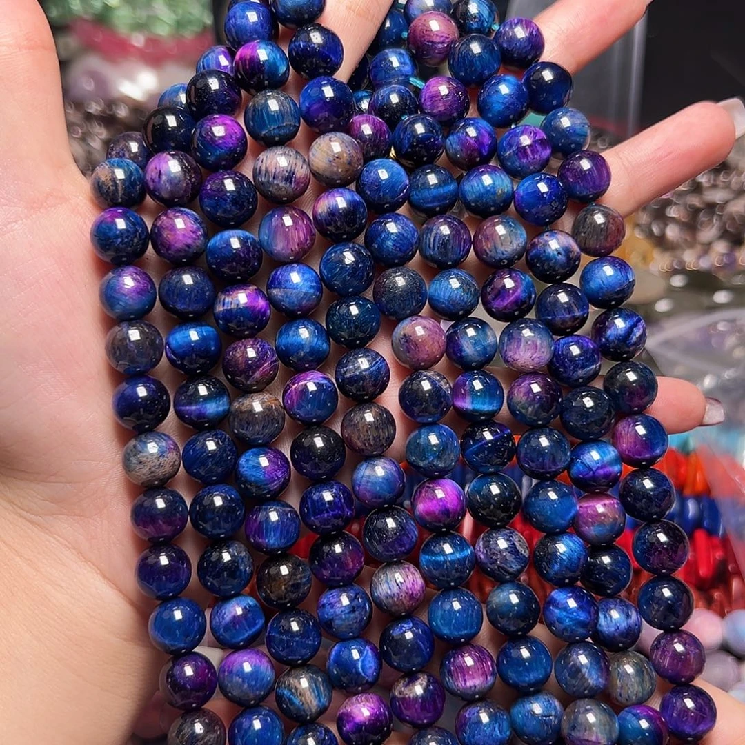 玛瑙/玉髓足银镶嵌珠宝半成品X114。8m天然星空虎眼石圆珠一条