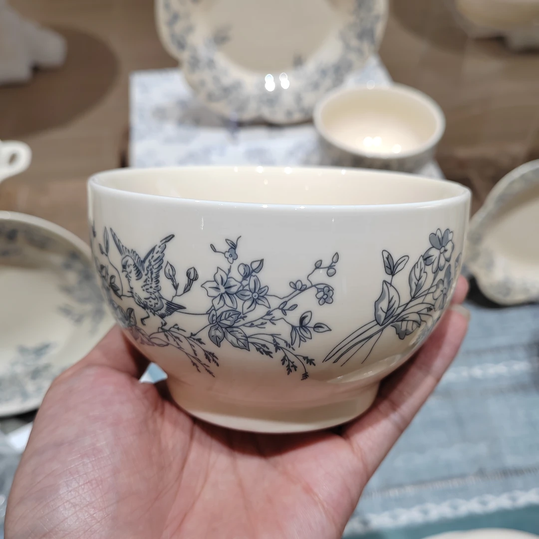 家用日式6英寸高脚碗吃饭碗田园元素纯色釉彩碗法式陶瓷米饭碗