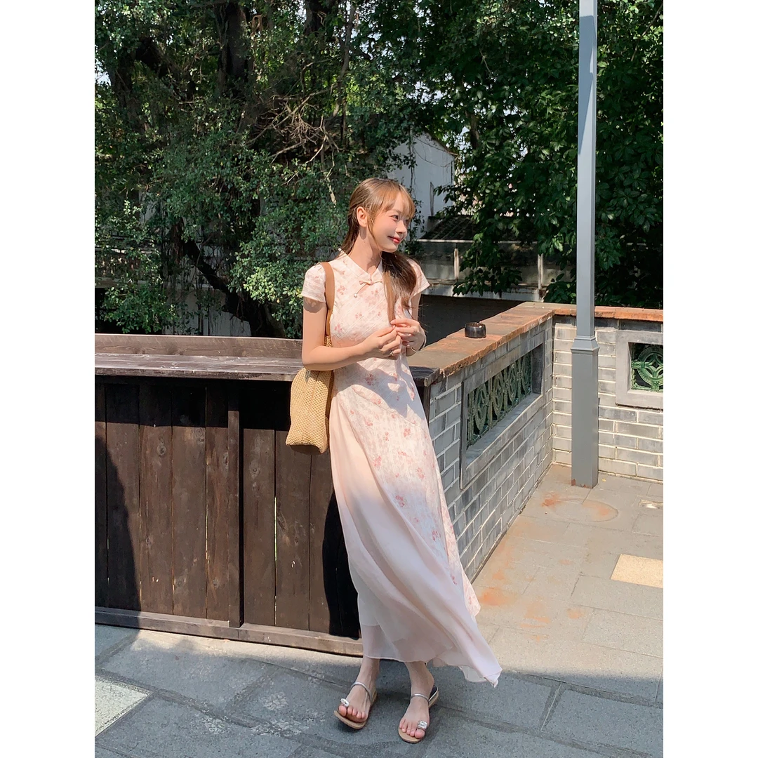切糕自制【桃桃茉莉】小个子夏季女气质设计感印花改良新中式连衣裙