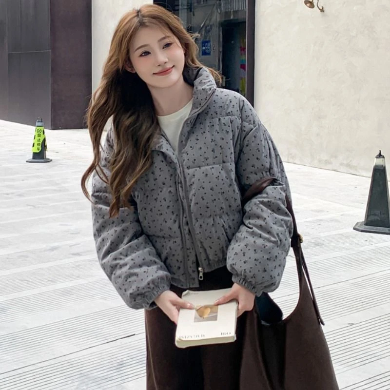 实拍韩系小清新碎花2024新款短款羽绒棉服小个子宽松时尚棉衣外套