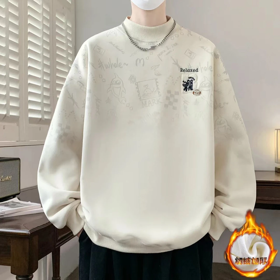 半高领加绒加厚卫衣男款秋冬季潮牌卡通动漫青少年内搭打底衫上衣