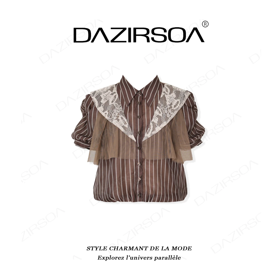 DAZIRSOA/达姿“午夜迷情”时尚百搭拼接蕾丝飞边个性条纹衬衫 Y708