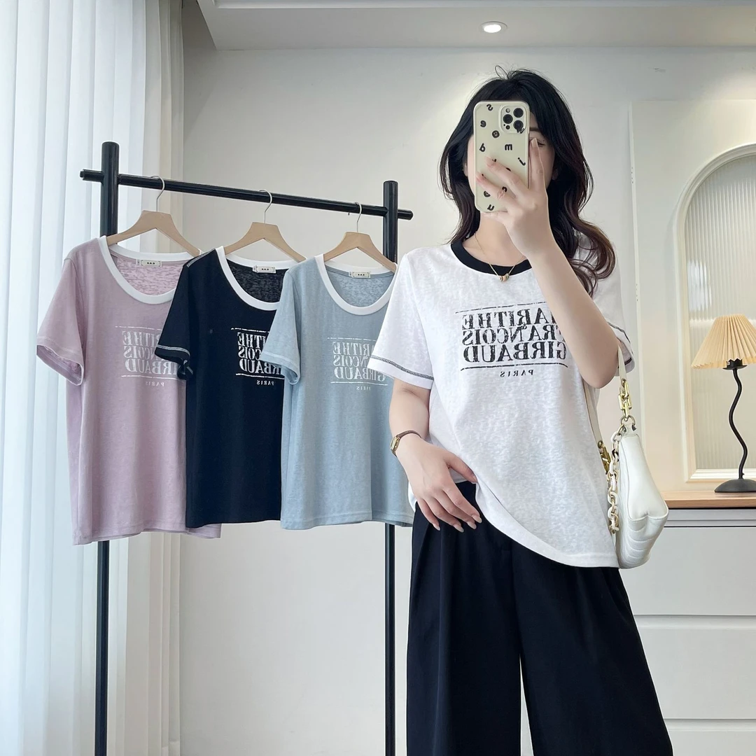2025夏新款大码印花圆领短袖T恤胖MM韩版撞色宽松百搭上衣女2213