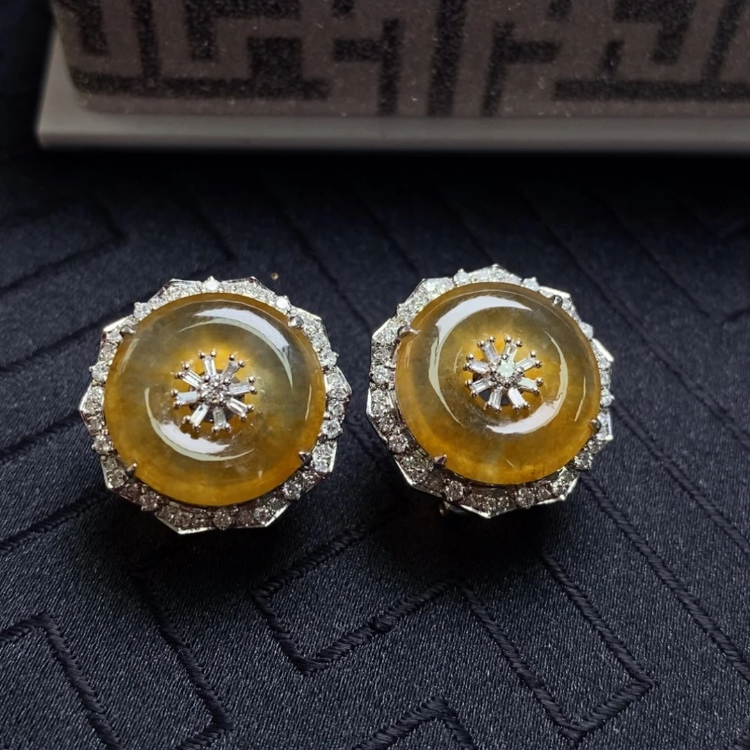 翡翠18K金镶嵌耳饰玻璃底冰黄翡甜甜圈耳拍