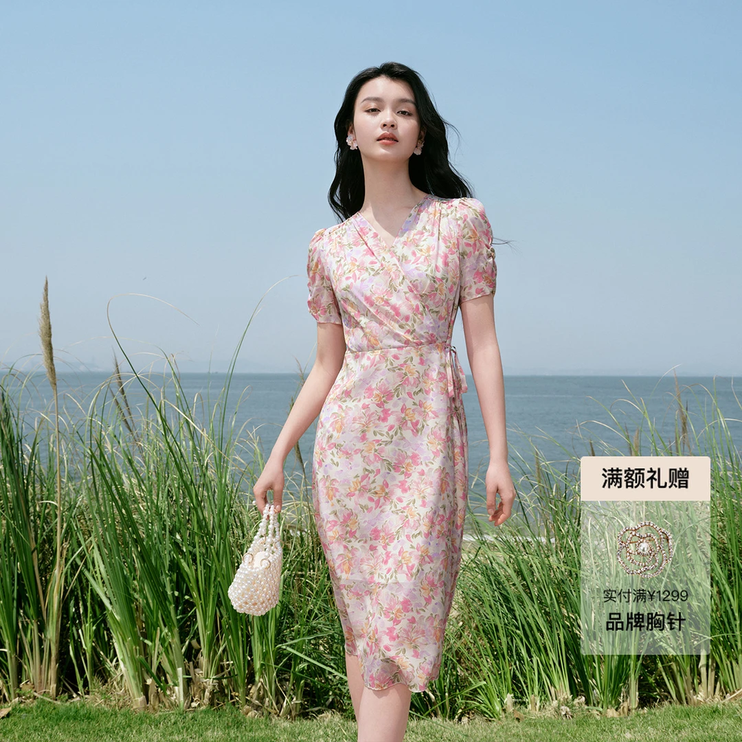 弹力真丝缎【花漾漫语】商场同款珂莱蒂尔桑蚕丝碎花显瘦气质连衣裙