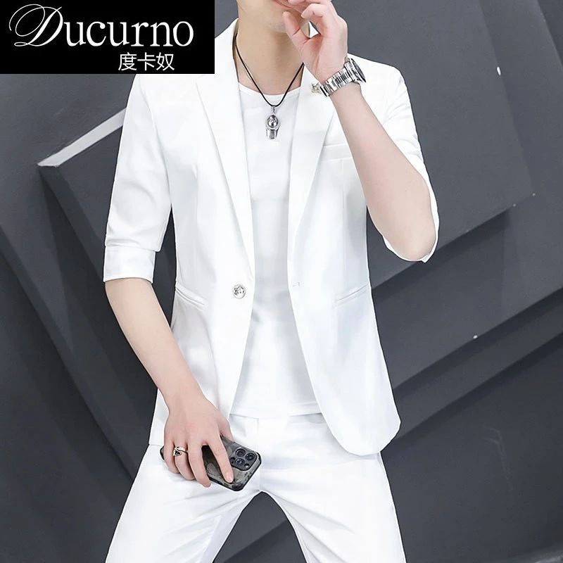 七分袖西装套装男士夏季潮流修身韩版青年痞帅中袖两件套休闲西服