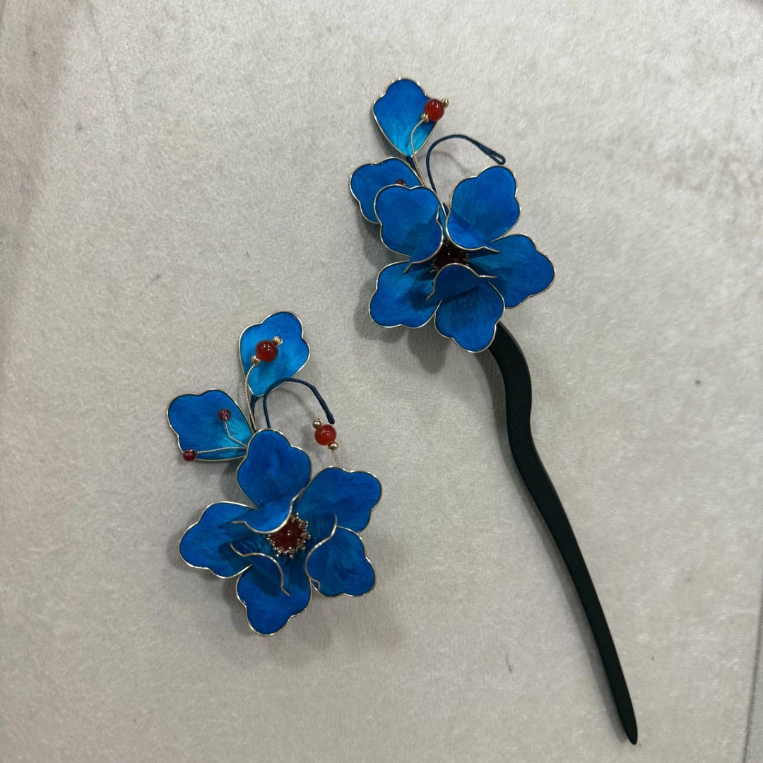 小青梅绒花发簪复古簪子气质蓝色纯手工简约