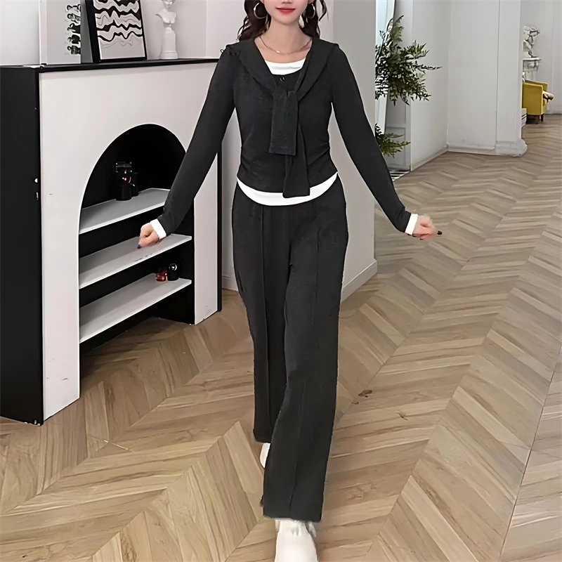 洋气慵懒减龄套装2025秋季新款韩系撞色假两件上衣直筒裤两件套女