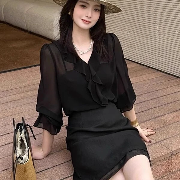 SS1798高端轻奢V领黑色荷叶边衬衫夏季洋气舒适百搭微透长袖衬衣