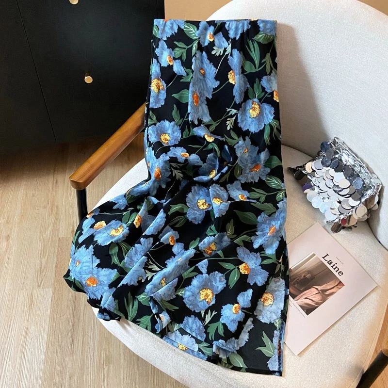 女生韩系ins衣服实拍现货2025法式复古印花雪纺半身裙a字中长裙女