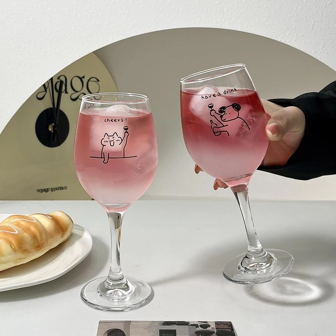 可爱小猫情侣酒杯高脚杯玻璃杯红酒杯葡萄酒果酒杯气泡水杯子