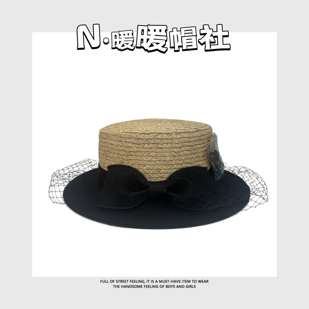 法式网纱赫本风拉菲草拼接帽子女夏新款时尚出游防晒帽拍照