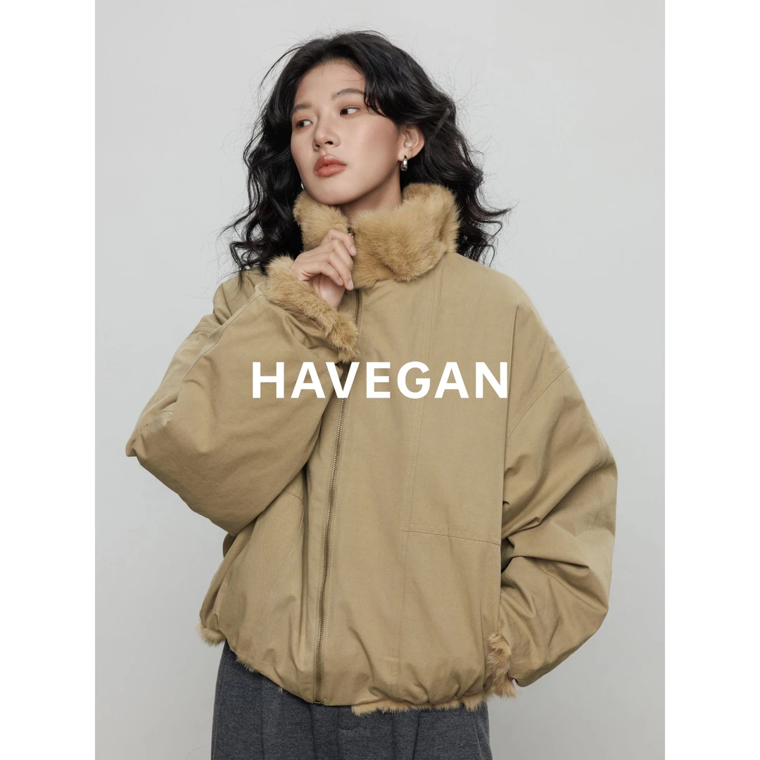 与间HAVEGAN/冬季立领兔毛领工装棉服女茄克保暖老钱风座山雕外套