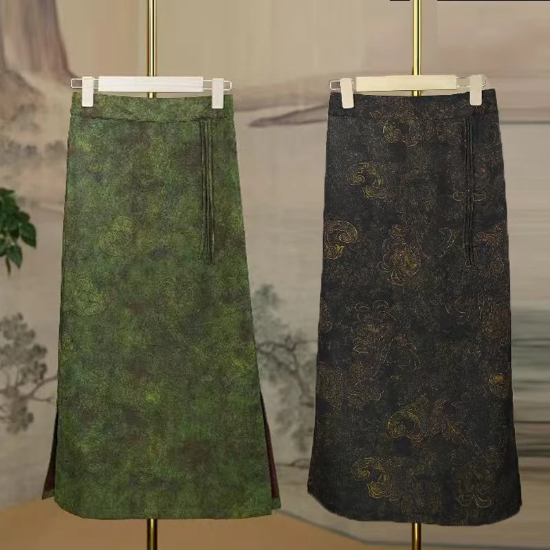 春夏国风中式百搭贵气时尚高腰显瘦开叉设计洋气薄款流苏半身裙