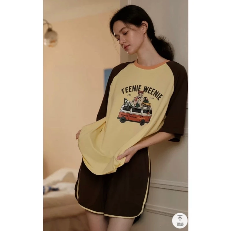 睡衣女夏季新款爽棉短袖短裤可爱卡通休闲家居服套装（假日小熊）