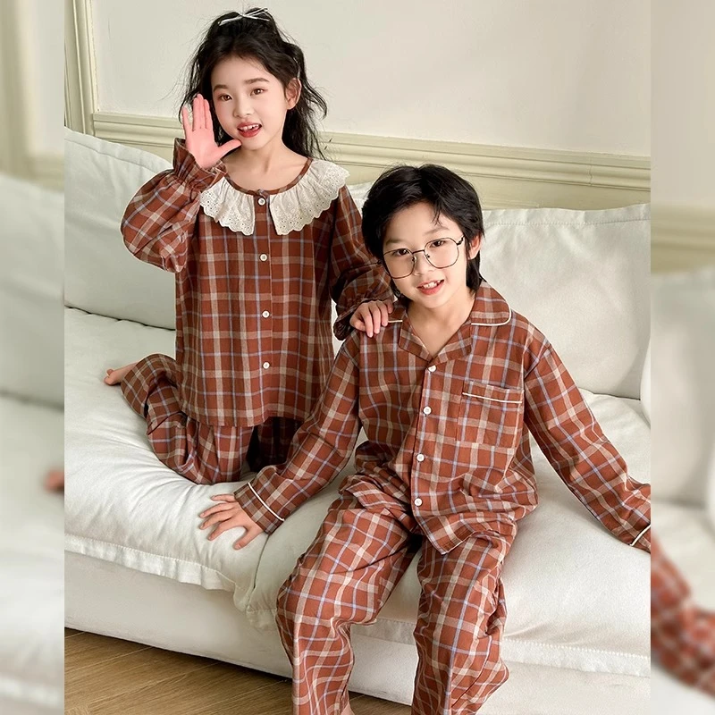 儿童春秋睡衣女童纯棉家居服2025新款儿童春季格子长袖长裤空调服