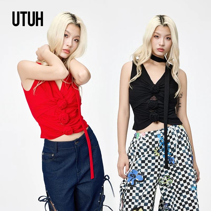 UTUH 黑/红色性感立体玫瑰花装饰捏褶镂空设计V领上衣 TLWWR1N111