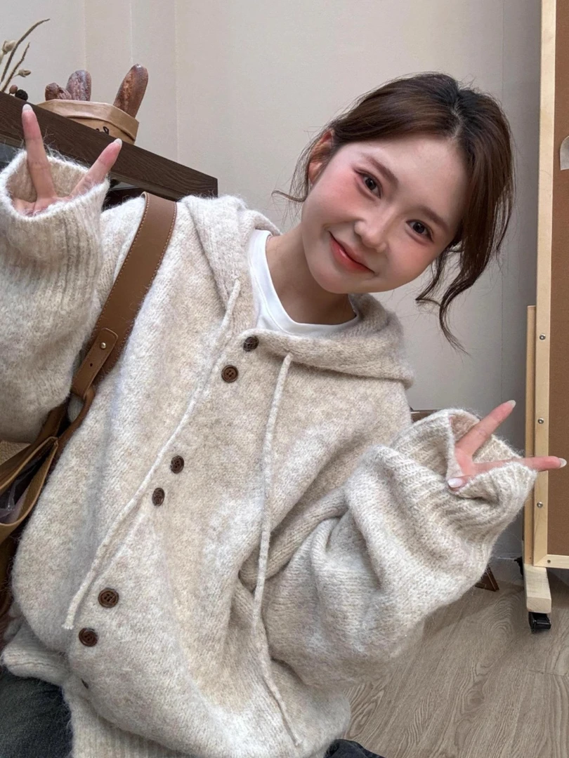 2025连帽毛衣开衫外套女秋冬韩系穿搭宽松慵懒风针织衫软糯上衣厚