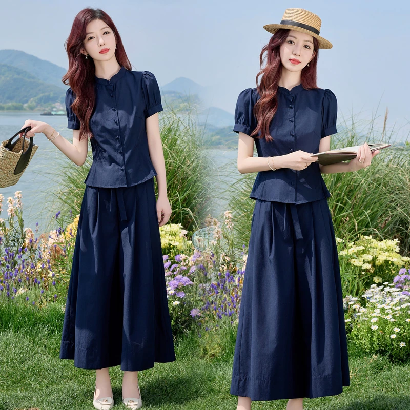 时尚休闲微胖大码套装女夏装2025新款收腰上衣阔腿裤裙遮肉两件套