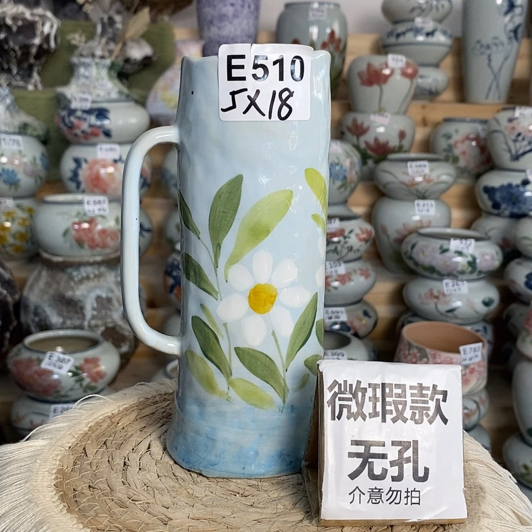 景德镇纯手绘高温花盆 E510 把手高温裂