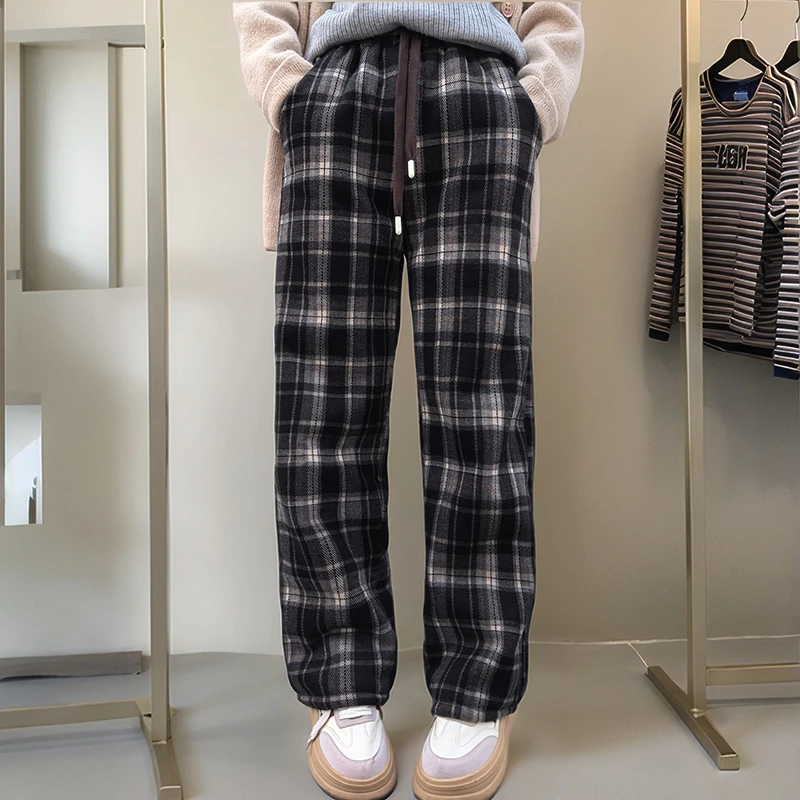 仿兔毛格子裤女冬季2024年新款垂感高腰加厚休闲直筒复古阔腿裤