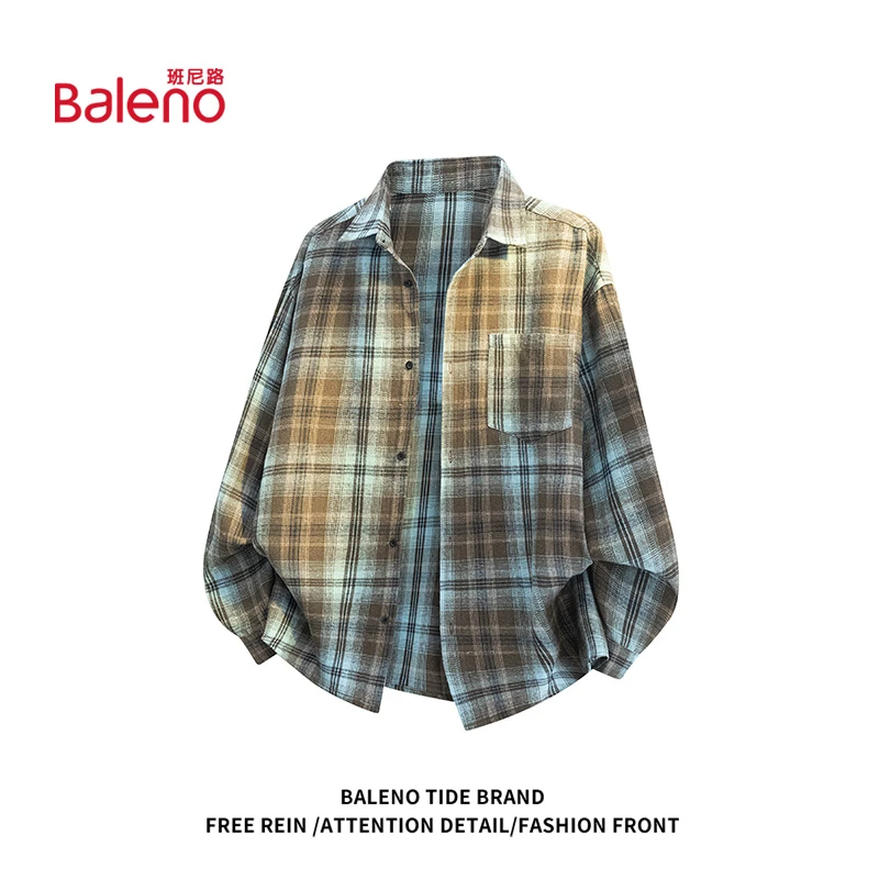 班尼路休闲格纹长袖衬衫男士春秋季韩版潮流帅气松弛感百搭衬衣