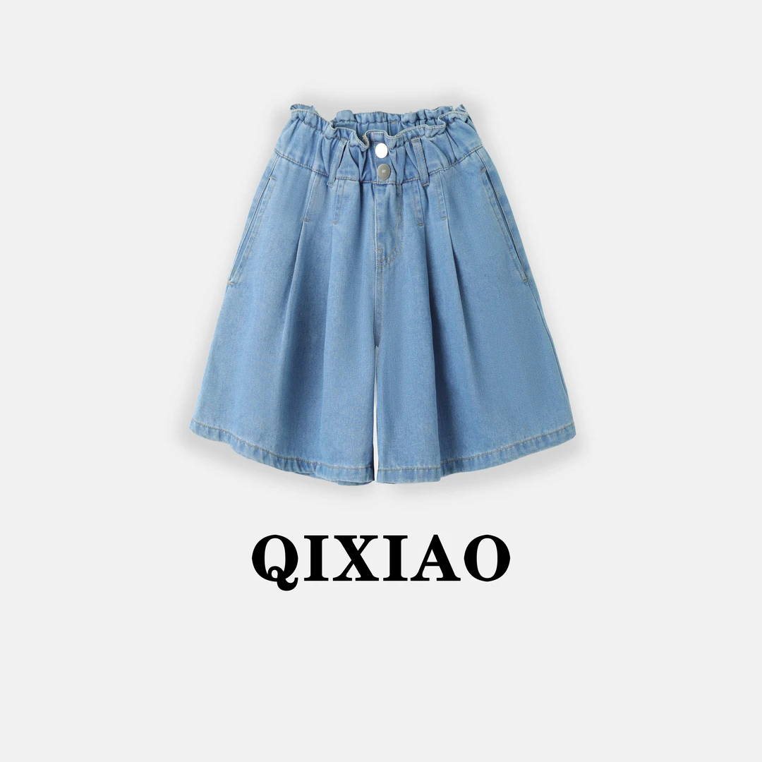 女童夏季牛仔裙裤2025夏季新款拼接百褶儿童百搭牛仔五分中裤A069