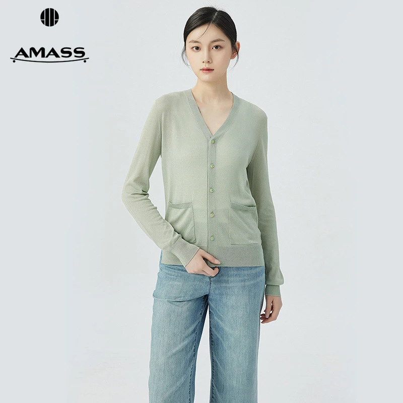 阿玛施AMASS新款女装质感V领冰丝针织开衫双口袋外罩衫5499210