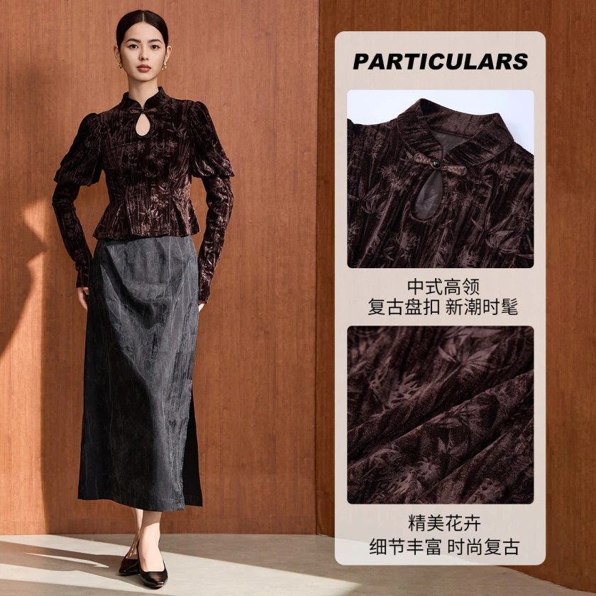 【粉丝专享】中式盘扣立领丝绒长袖短衬衫时尚洋气女VDA878POH0